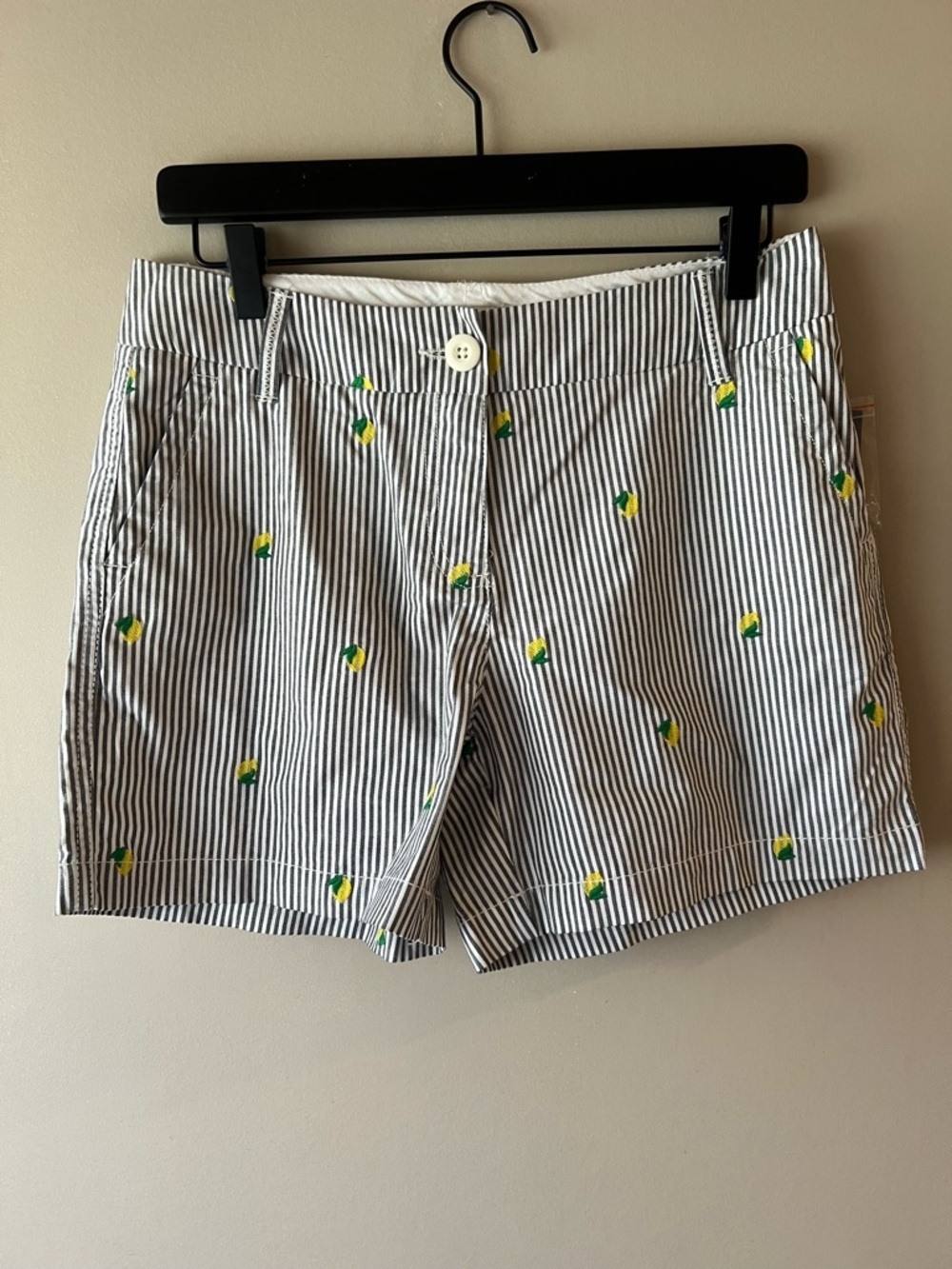 Crown & Ivy Striped Embroidered Lemon Women’s Shorts - Gray and White